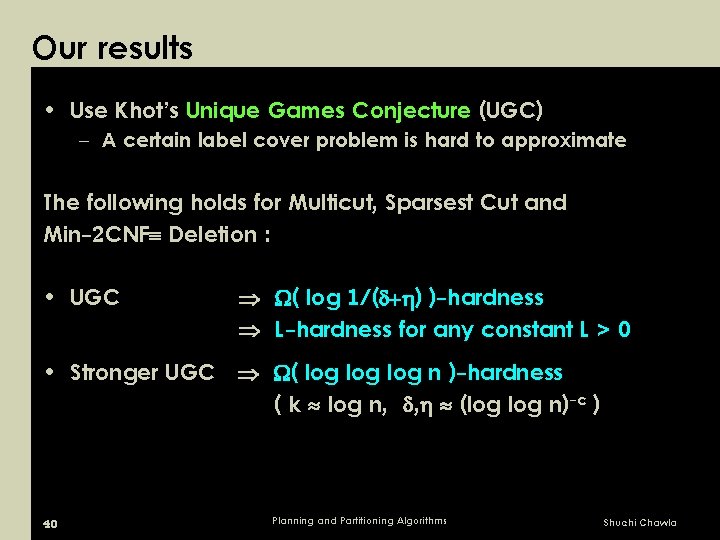 Our results • Use Khot’s Unique Games Conjecture (UGC) – A certain label cover