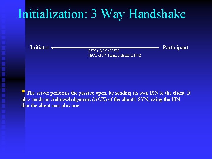 Initialization: 3 Way Handshake Initiator SYN + ACK of SYN (ACK of SYN using