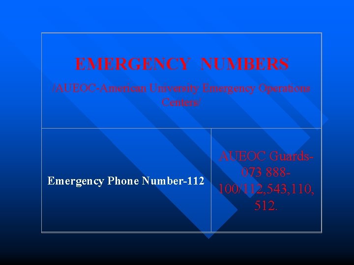 EMERGENCY NUMBERS /AUEOC-American University Emergency Operations Centers/ AUEOC Guards 073 888 Emergency Phone Number-112