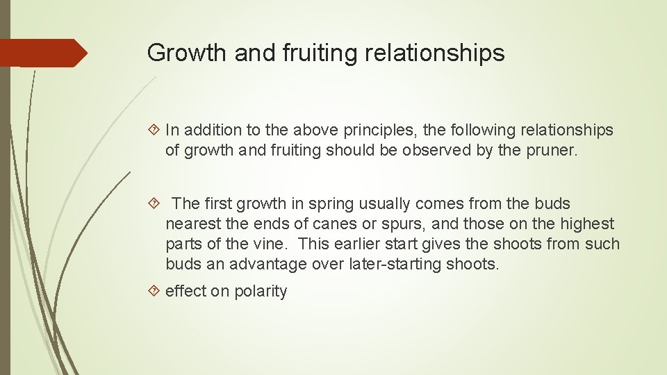 Growth and fruiting relationships In addition to the above principles, the following relationships of