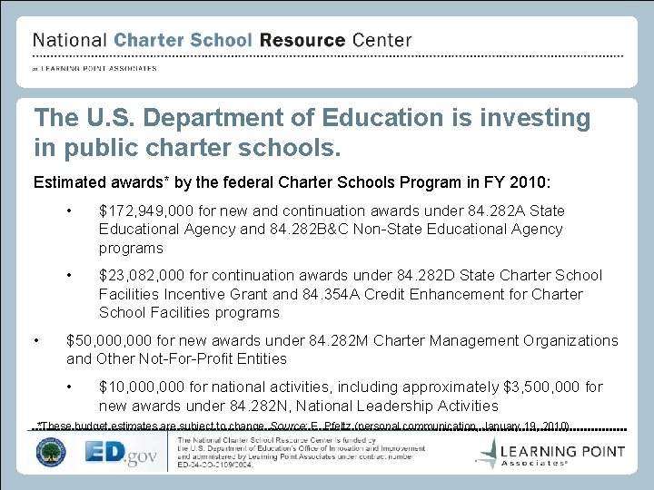 The U. S. Department of Education is investing in public charter schools. Estimated awards*