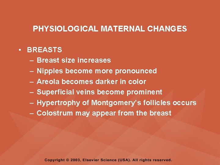 PHYSIOLOGICAL MATERNAL CHANGES • BREASTS – Breast size increases – Nipples become more pronounced