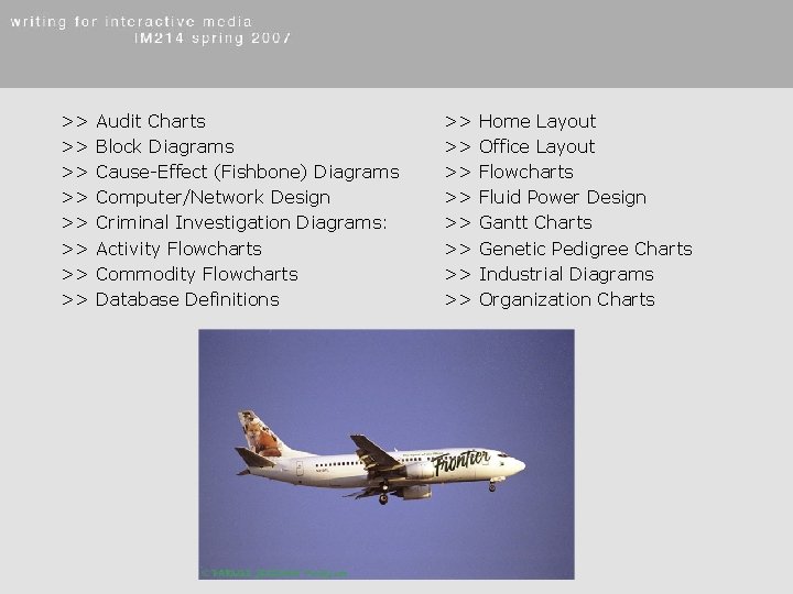 >> >> Audit Charts Block Diagrams Cause-Effect (Fishbone) Diagrams Computer/Network Design Criminal Investigation Diagrams: