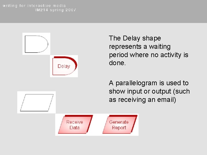 The Delay shape represents a waiting period where no activity is done. A parallelogram