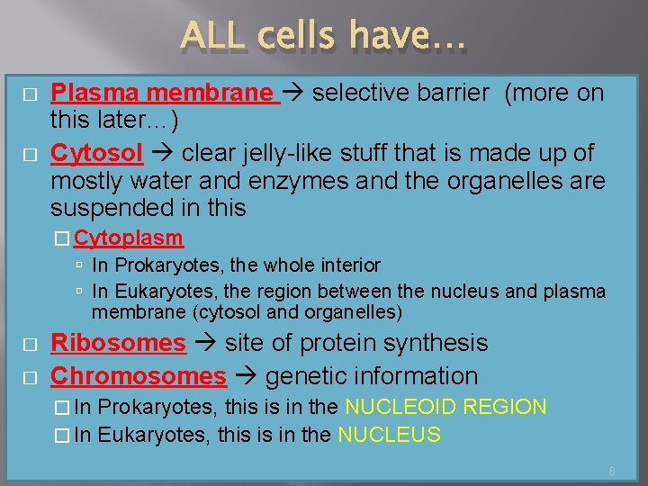 ALL cells have… � � Plasma membrane selective barrier (more on this later…) Cytosol