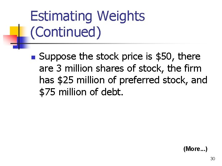 Estimating Weights (Continued) n Suppose the stock price is $50, there are 3 million