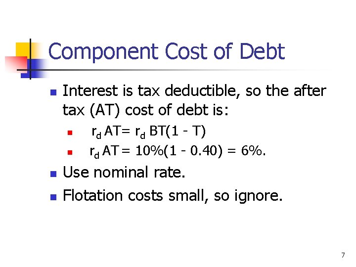 Component Cost of Debt n Interest is tax deductible, so the after tax (AT)