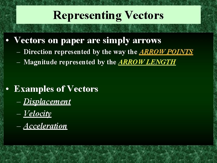 Representing Vectors • Vectors on paper are simply arrows – Direction represented by the