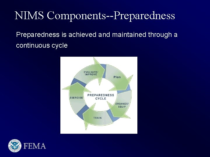NIMS Components--Preparedness is achieved and maintained through a continuous cycle 