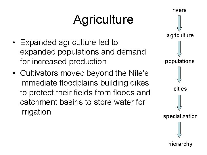Agriculture • Expanded agriculture led to expanded populations and demand for increased production •