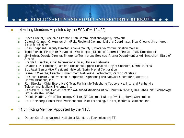 n 14 Voting Members Appointed by the FCC (DA 12 -455). q q q