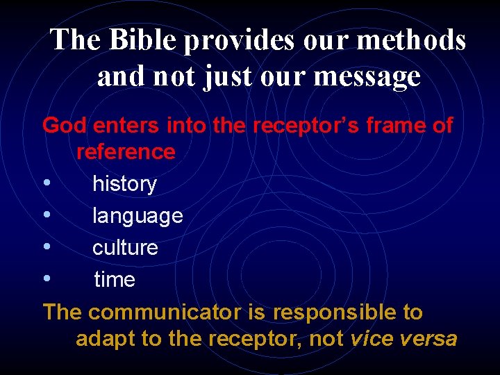 The Bible provides our methods and not just our message God enters into the