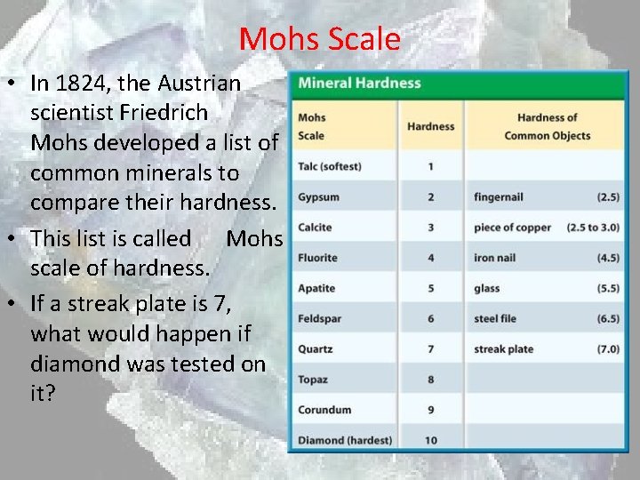 Mohs Scale • In 1824, the Austrian scientist Friedrich Mohs developed a list of