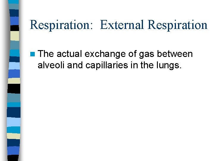 Respiration: External Respiration n The actual exchange of gas between alveoli and capillaries in