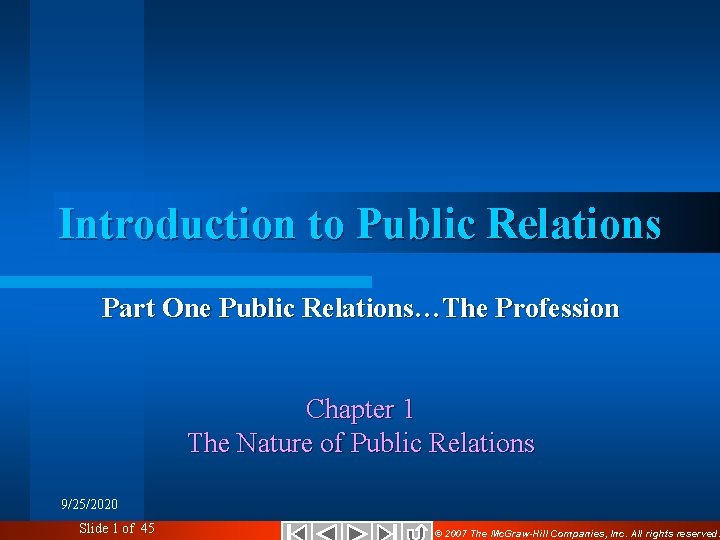 Introduction to Public Relations Part One Public Relations…The Profession Chapter 1 The Nature of