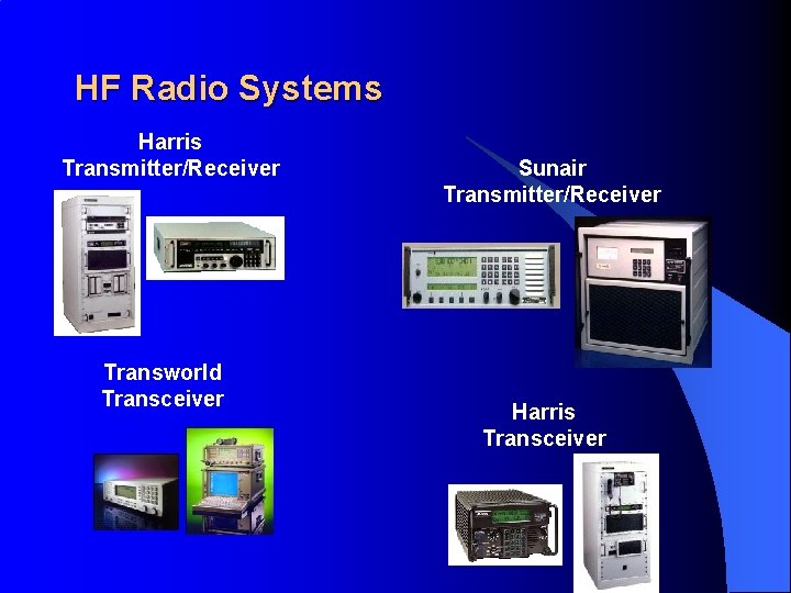 HF Radio Systems Harris Transmitter/Receiver Transworld Transceiver Sunair Transmitter/Receiver Harris Transceiver 
