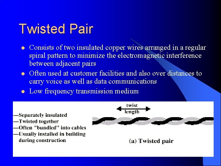 Twisted Pair l l l Consists of two insulated copper wires arranged in a