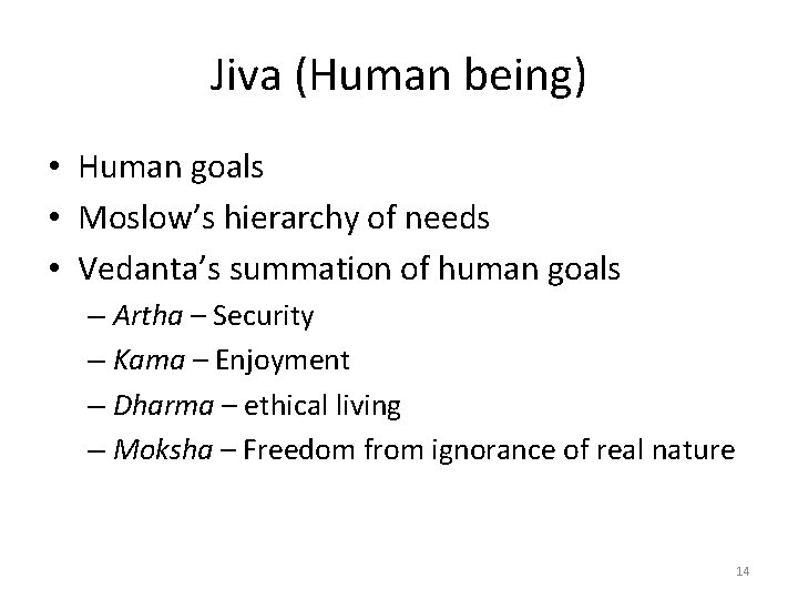 Jiva (Human being) • Human goals • Moslow’s hierarchy of needs • Vedanta’s summation