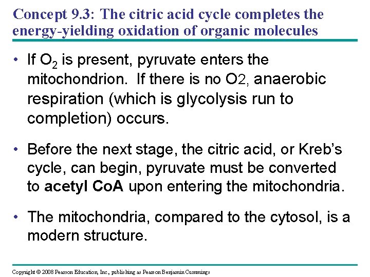 Concept 9. 3: The citric acid cycle completes the energy-yielding oxidation of organic molecules