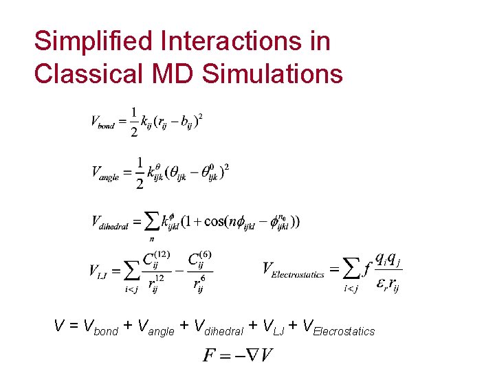 Simplified Interactions in Classical MD Simulations V = Vbond + Vangle + Vdihedral +