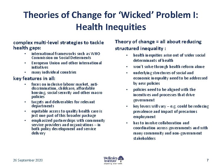 Theories of Change for ‘Wicked’ Problem I: Health Inequities complex multi-level strategies to tackle Theories of Change for ‘Wicked’ Problem I: Health Inequities complex multi-level strategies to tackle