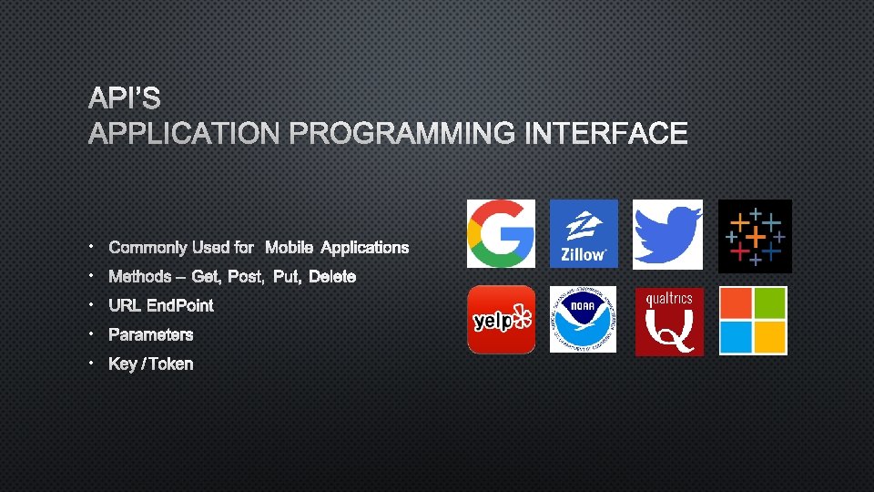 API’S APPLICATION PROGRAMMING INTERFACE • COMMONLY USED FOR MOBILE APPLICATIONS • METHODS – GET,