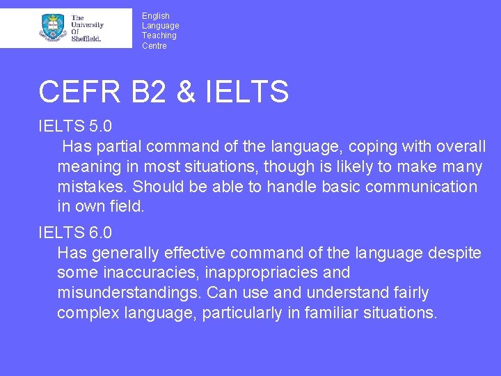 English Language Teaching Centre CEFR B 2 & IELTS 5. 0 Has partial command