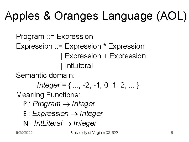Apples & Oranges Language (AOL) Program : : = Expression * Expression | Expression