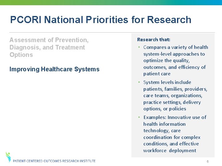PCORI National Priorities for Research Assessment of Prevention, Diagnosis, and Treatment Options Improving Healthcare PCORI National Priorities for Research Assessment of Prevention, Diagnosis, and Treatment Options Improving Healthcare