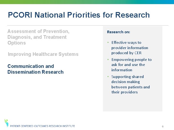 PCORI National Priorities for Research Assessment of Prevention, Diagnosis, and Treatment Options Improving Healthcare PCORI National Priorities for Research Assessment of Prevention, Diagnosis, and Treatment Options Improving Healthcare