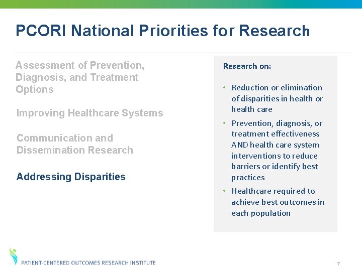 PCORI National Priorities for Research Assessment of Prevention, Diagnosis, and Treatment Options Improving Healthcare PCORI National Priorities for Research Assessment of Prevention, Diagnosis, and Treatment Options Improving Healthcare