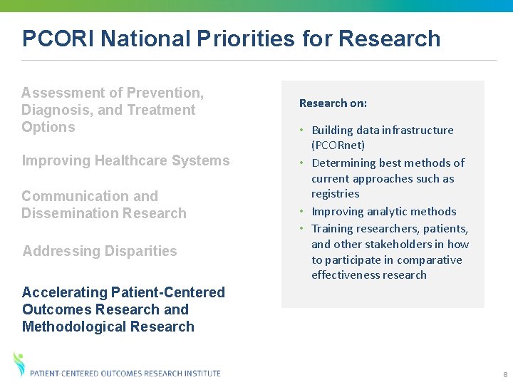 PCORI National Priorities for Research Assessment of Prevention, Diagnosis, and Treatment Options Improving Healthcare PCORI National Priorities for Research Assessment of Prevention, Diagnosis, and Treatment Options Improving Healthcare