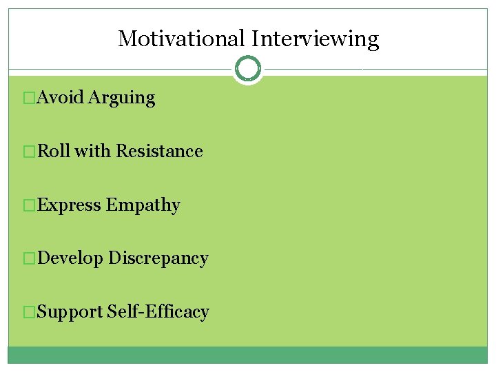 Motivational Interviewing �Avoid Arguing �Roll with Resistance �Express Empathy �Develop Discrepancy �Support Self-Efficacy 
