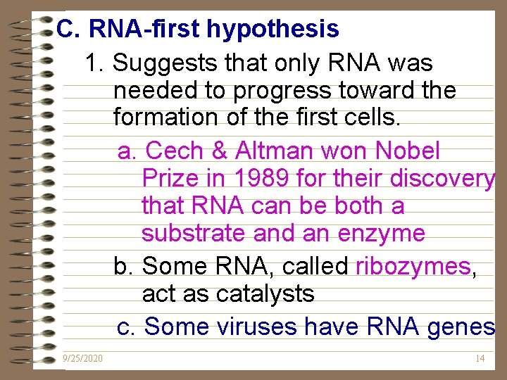 C. RNA-first hypothesis 1. Suggests that only RNA was needed to progress toward the C. RNA-first hypothesis 1. Suggests that only RNA was needed to progress toward the