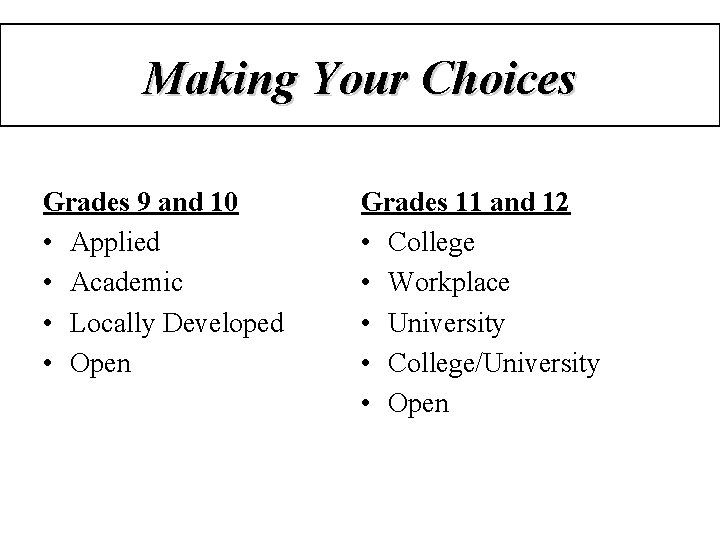 Making Your Choices Grades 9 and 10 • Applied • Academic • Locally Developed