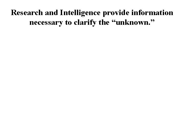 Research and Intelligence provide information necessary to clarify the “unknown. ” 