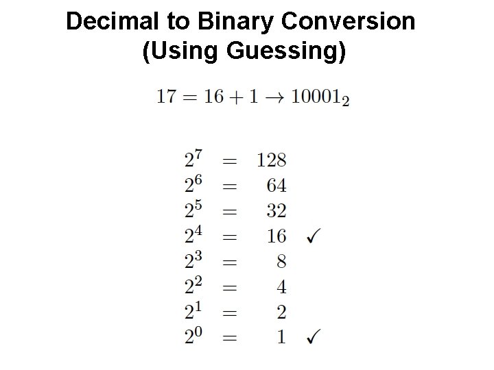 Decimal to Binary Conversion (Using Guessing) Decimal to Binary Conversion (Using Guessing)