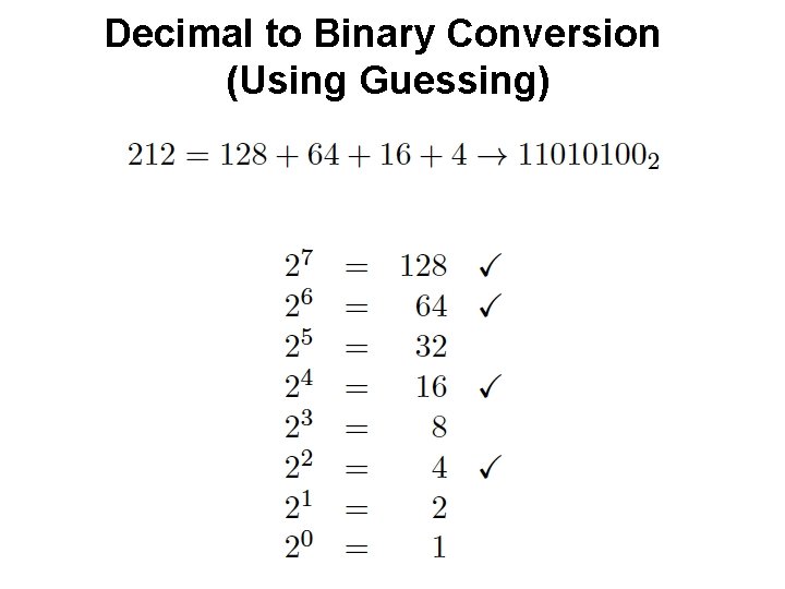 Decimal to Binary Conversion (Using Guessing) Decimal to Binary Conversion (Using Guessing)