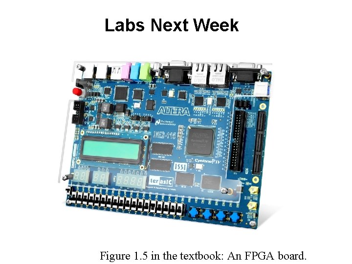 Labs Next Week Figure 1. 5 in the textbook: An FPGA board. Labs Next Week Figure 1. 5 in the textbook: An FPGA board.