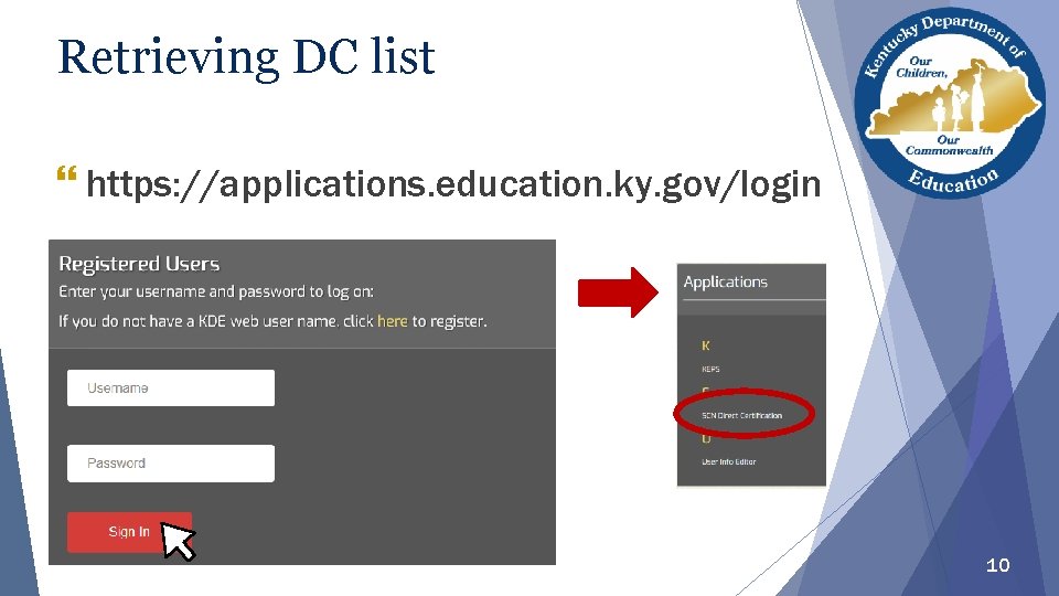 Retrieving DC list } https: //applications. education. ky. gov/login 10 