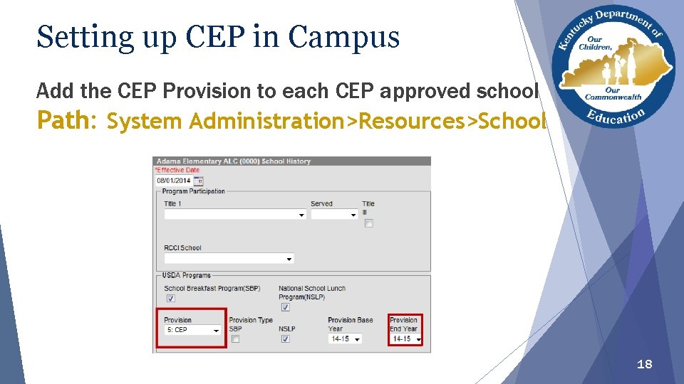 Setting up CEP in Campus Add the CEP Provision to each CEP approved school