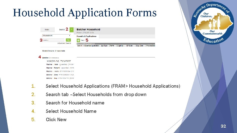 Household Application Forms 2 5 3 4 1. Select Household Applications (FRAM> Household Applications)