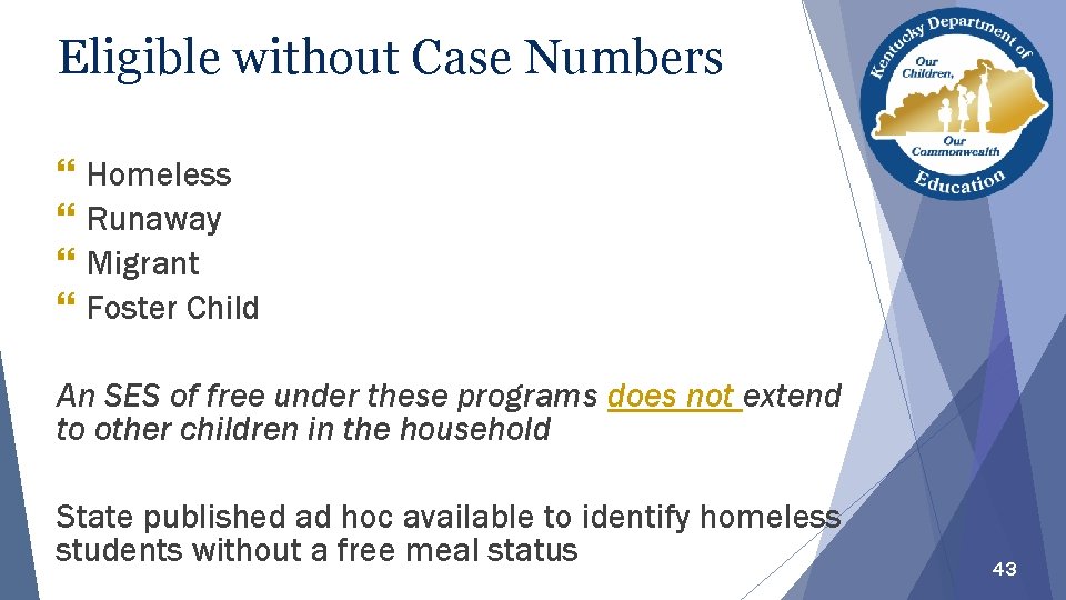 Eligible without Case Numbers } } Homeless Runaway Migrant Foster Child An SES of