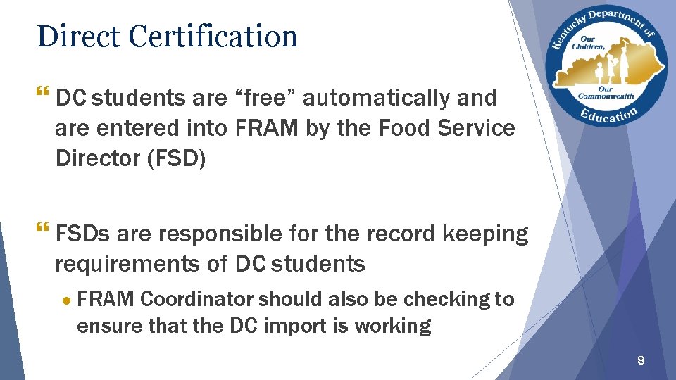 Direct Certification continued } DC students are “free” automatically and are entered into FRAM