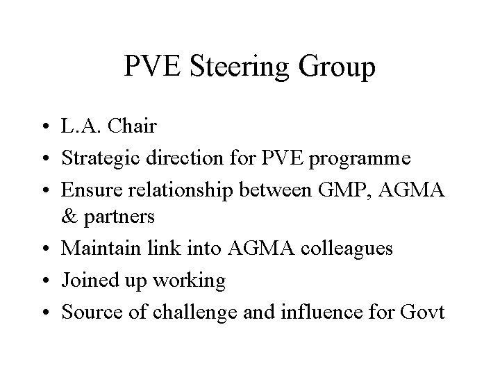 PVE Steering Group • L. A. Chair • Strategic direction for PVE programme •