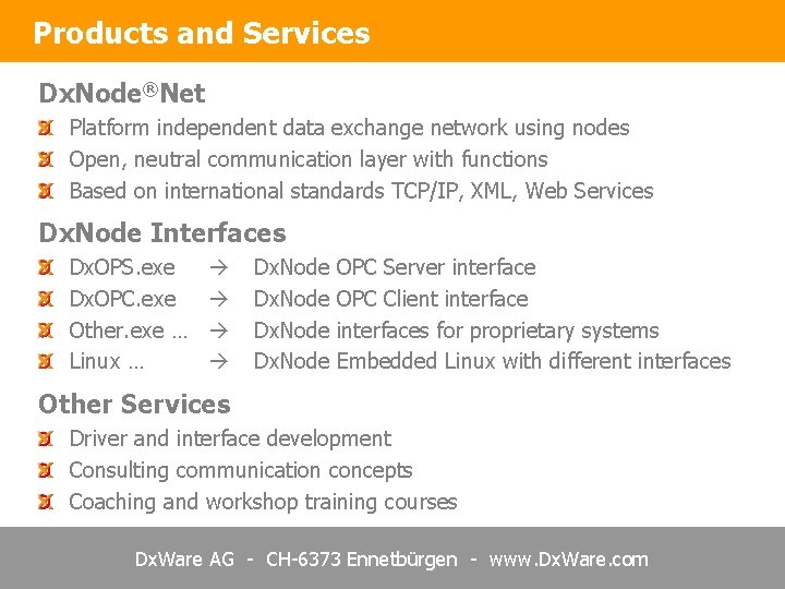 Products and Services Dx. Node®Net Platform independent data exchange network using nodes Open, neutral