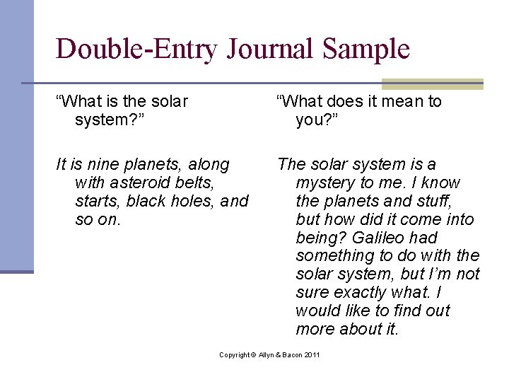 Double-Entry Journal Sample “What is the solar system? ” “What does it mean to