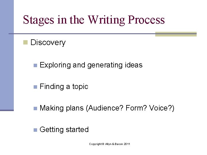 Stages in the Writing Process n Discovery n Exploring and generating ideas n Finding