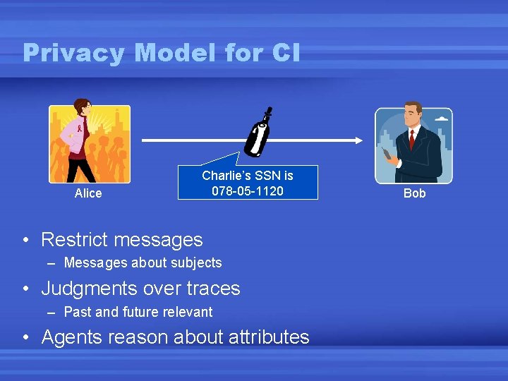 Privacy Model for CI Alice Charlie’s SSN is 078 -05 -1120 • Restrict messages Privacy Model for CI Alice Charlie’s SSN is 078 -05 -1120 • Restrict messages