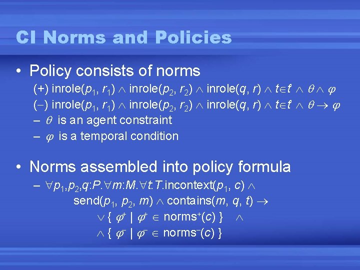 CI Norms and Policies • Policy consists of norms (+) inrole(p 1, r 1) CI Norms and Policies • Policy consists of norms (+) inrole(p 1, r 1)